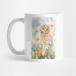 Happy Striped Cat in Flower Garden Mug